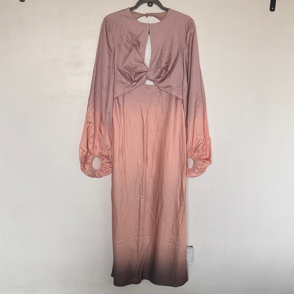 Long Sleeve Ombre Pink Knot Front Maxi Dress